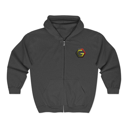 Controlled Chaos Gaming Zip Hoodie — Sci‑Fi Superhero Logo Jacket
