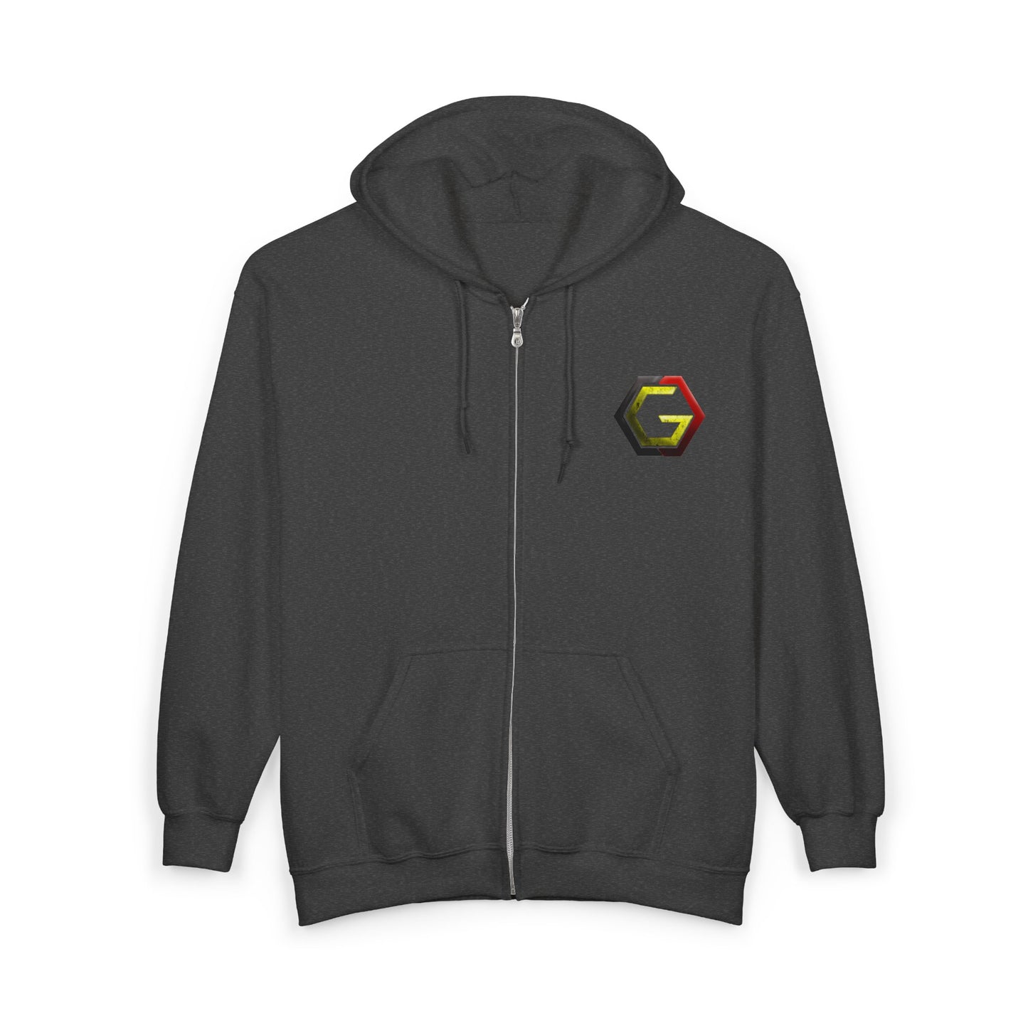 Controlled Chaos Gaming Zip Hoodie — Sci‑Fi Superhero Logo Jacket