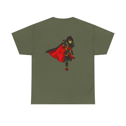 Controlled Chaos Gaming Tee — Red-Caped Stylized Hero Graphic T-Shirt
