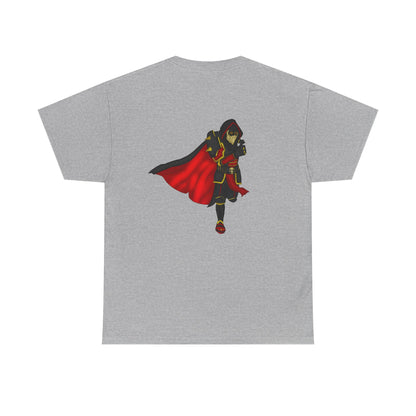 Controlled Chaos Gaming Tee — Red-Caped Stylized Hero Graphic T-Shirt