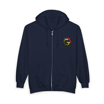 Controlled Chaos Gaming Zip Hoodie — Sci‑Fi Superhero Logo Jacket