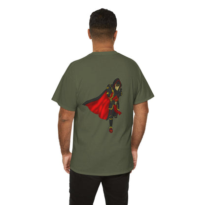 Controlled Chaos Gaming Tee — Red-Caped Stylized Hero Graphic T-Shirt