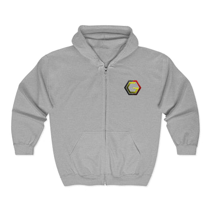 Controlled Chaos Gaming Zip Hoodie — Sci‑Fi Superhero Logo Jacket