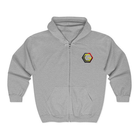 Controlled Chaos Gaming Zip Hoodie — Sci‑Fi Superhero Logo Jacket