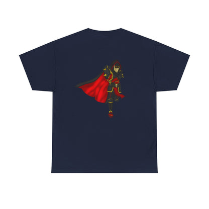 Controlled Chaos Gaming Tee — Red-Caped Stylized Hero Graphic T-Shirt