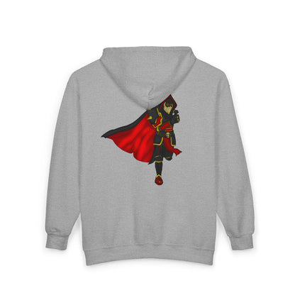 Controlled Chaos Gaming Zip Hoodie — Sci‑Fi Superhero Logo Jacket