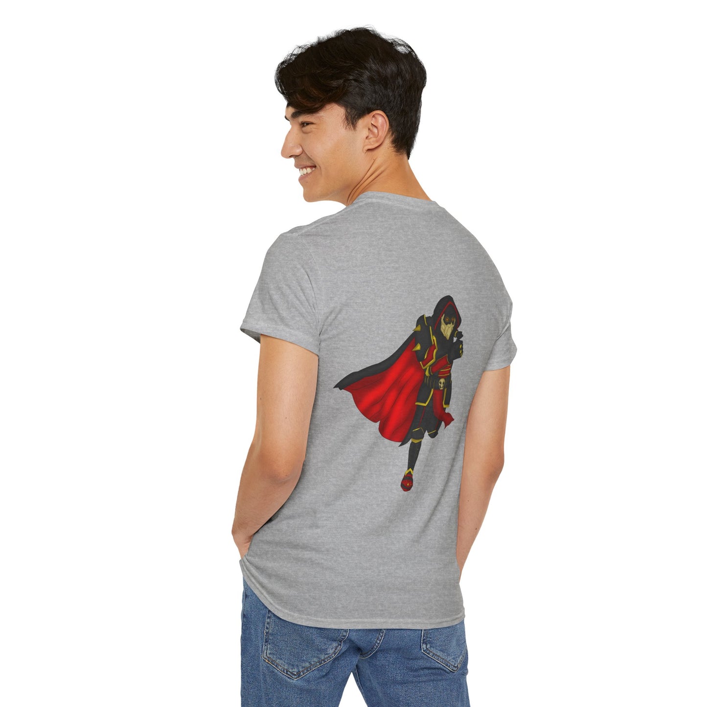 Controlled Chaos Gaming Tee — Red-Caped Stylized Hero Graphic T-Shirt