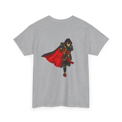 Controlled Chaos Gaming Tee — Red-Caped Stylized Hero Graphic T-Shirt