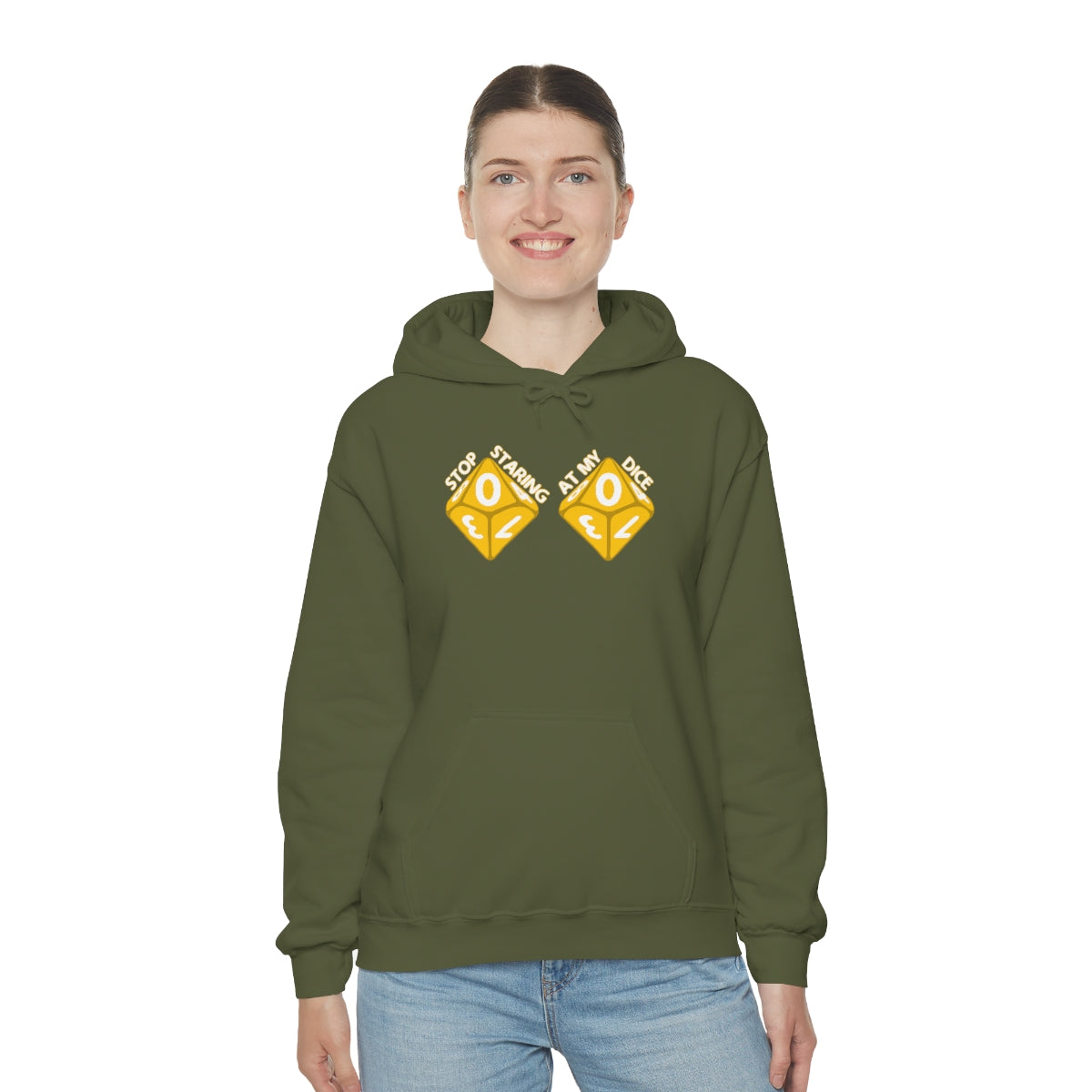Stop staring at my dice in white Unisex Heavy Blend™ Hooded Sweatshirt